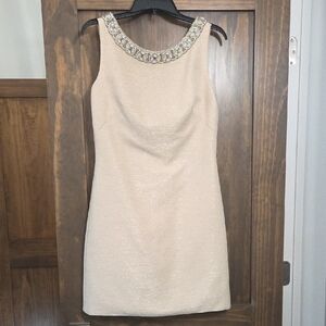 Theia Cream Mini Dress with Embellished Neckline